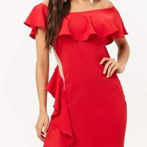 Red Off Shoulder Ruffle Trim Long Dress Brand